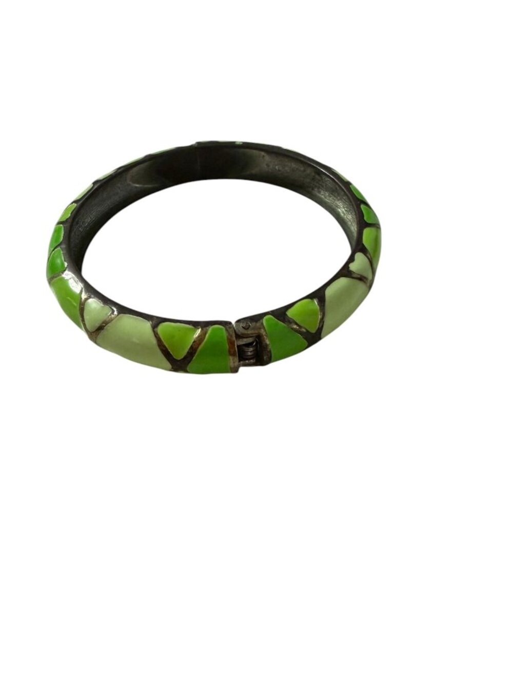 Vintage Green Enamel Mosaic Hinged Clamper Bangle Bracelet Mod 2.25"